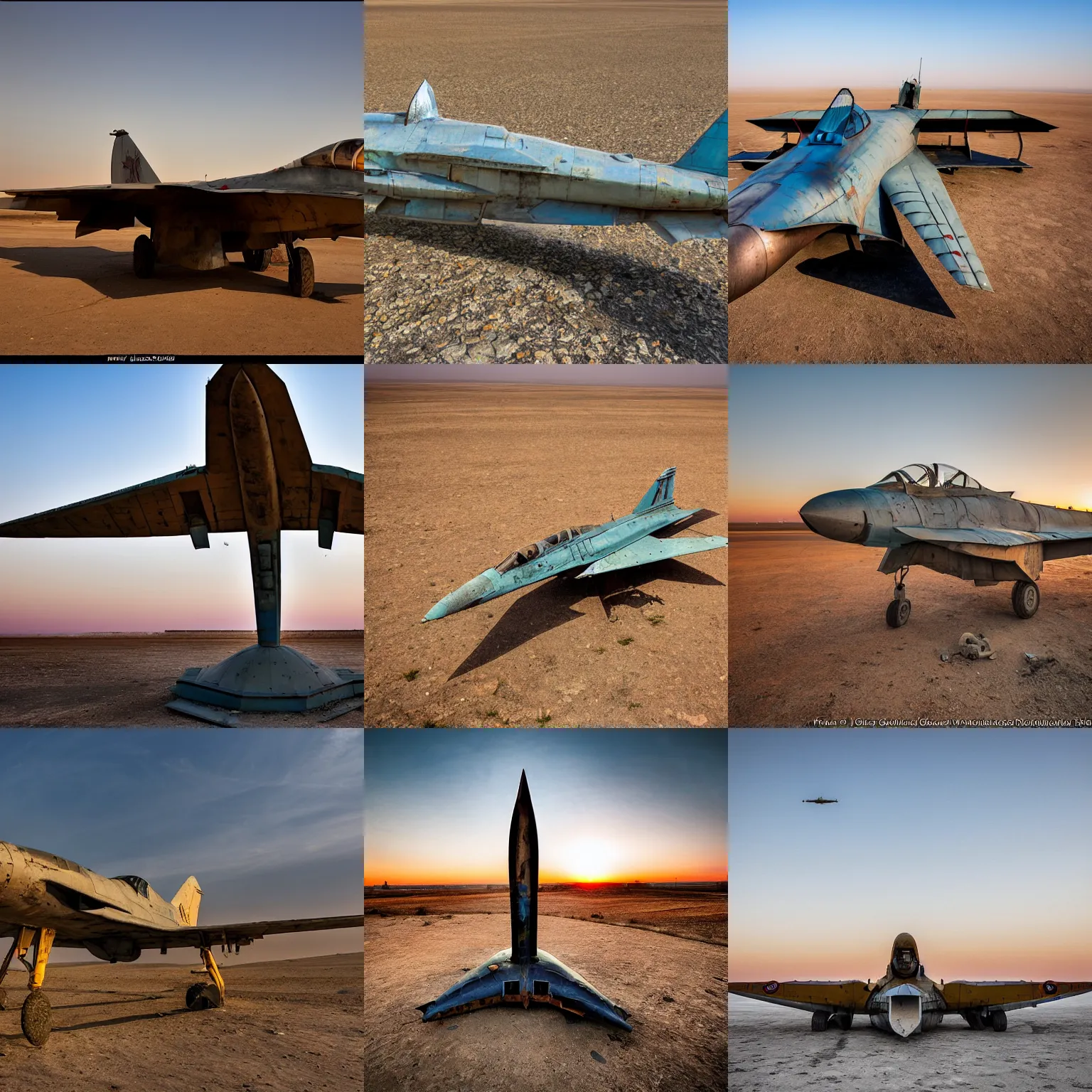 Prompt: abandoned soviet mig - 2 1 monument in a central asia desert, high quality, award winning photography, golden hour