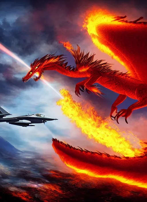 Prompt: a majestic firedragon kingcreature fighting a fighter jet, 8 k, magic realism, beautiful composition