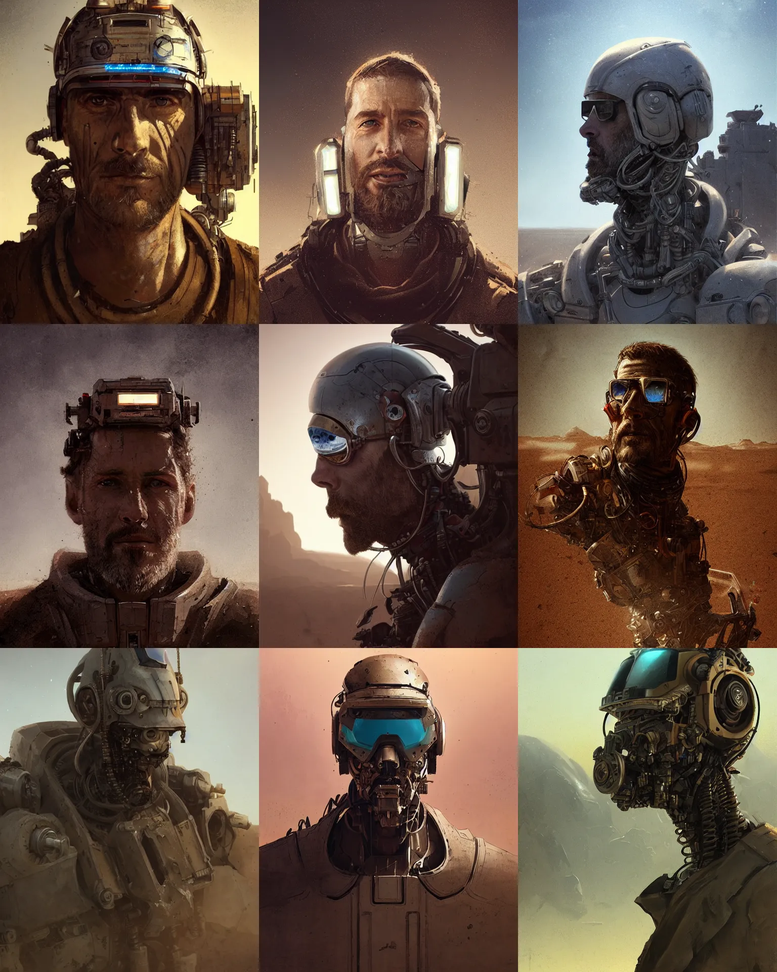 Prompt: a rugged engineer man with cybernetic enhancements lost in the desert, scifi character portrait by greg rutkowski, esuthio, craig mullins, 1 / 4 headshot, cinematic lighting, dystopian scifi gear, gloomy, profile picture, mechanical, half robot, implants, steampunk