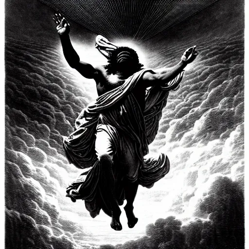 Image similar to chief keef ascending into heaven, biblical image, style of gustave dore, highly detailed, beautiful, high contrast