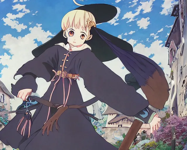Image similar to ( ( majo no tabitabi ) ), key anime visual portrait of a young female witch walking through a busy medieval village, dynamic pose, dynamic perspective, cinematic, dramatic lighting, detailed silhouette, anime proportions, perfect anime, yoh yoshinari, ( murata range )