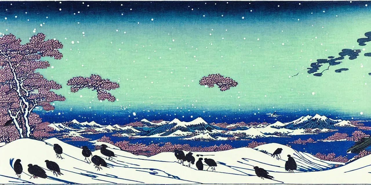 Image similar to laurentian appalachian mountains in winter, unique, original and creative landscape by hokusai, snowy night, distant town lights, aurora borealis, deers, ravens and crows, footsteps in the snow, brilliant composition, fascinating textures