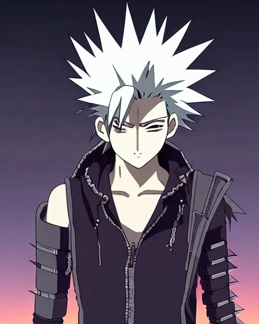 Image similar to beautiful cyberpunk anime boy spiked hair character metal sharp armor award winning character design by studio ghibli