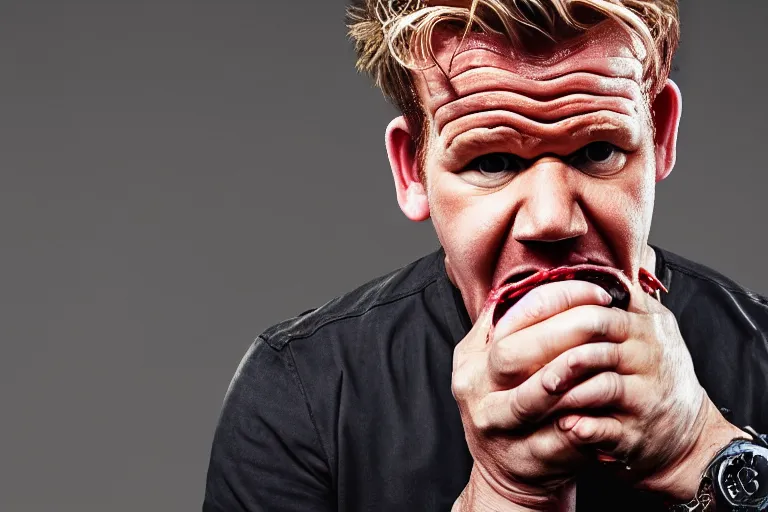 Prompt: closeup potrait of gordon ramsay vomiting on the set of masterchef, screen light, sharp, detailed face, spewing vomit, magazine, press, photo, Steve McCurry, David Lazar, Canon, Nikon, focus