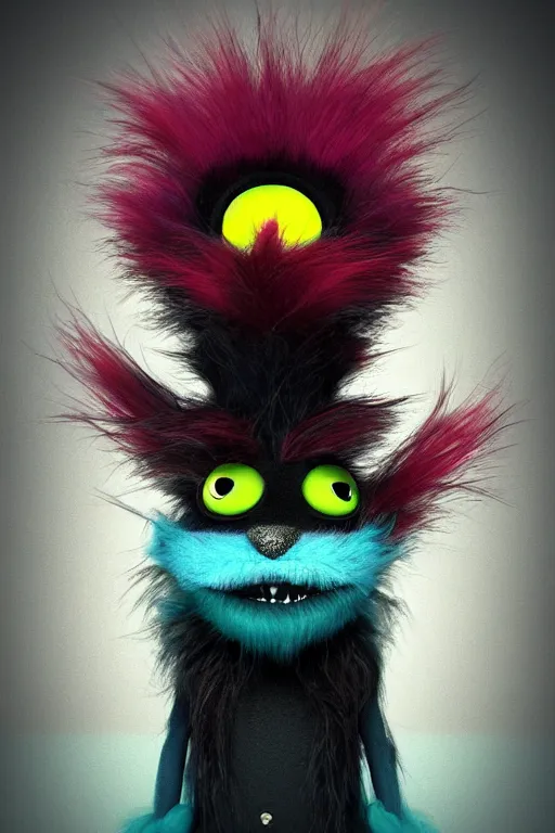 Prompt: 3 d model of a cute sinister vibrant colored monster with long fur and souless eyes by alexander jansson : 1 | centered, psychedelic, colorful, matte background : 0. 9 | by jim henson : 0. 7 | dave melvin : 0. 4 | unreal engine, deviantart, artstation, octane, finalrender, concept art, hd, 8 k resolution : 0. 8