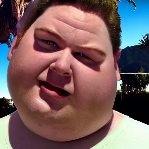 Image similar to obese comedian tim dillon in malibu drinking a martini in real life, 8 k, 4 k uhd, realistic, hyper realistic, super detailed, very detailed, detailed