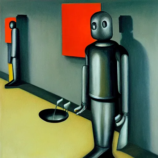 Image similar to robot judge, guards, chambers, brutalist, dystopian, pj crook, edward hopper, oil on canvas