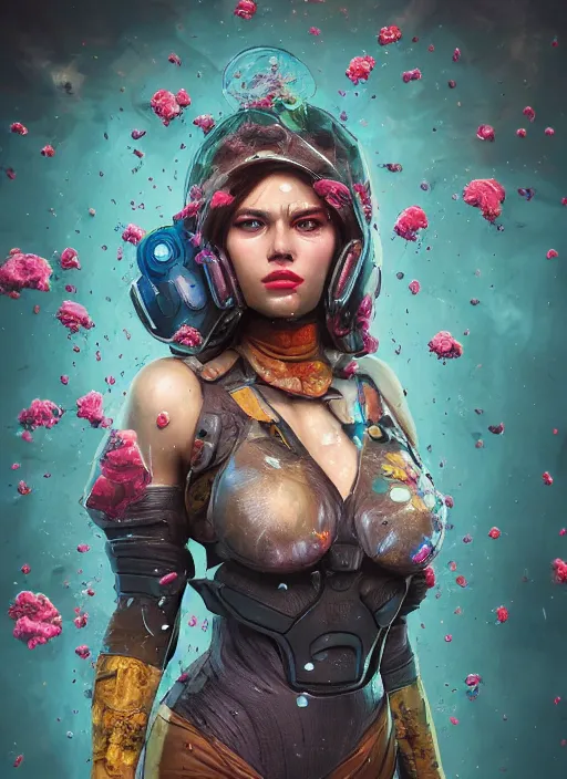 Image similar to An epic fantastic realism comic book style portrait painting of the most beautiful woman in the universe, flowers rain everywhere, fisheye lens, Apex Legends Concept Art, porcelain, unreal 5, DAZ, hyperrealistic, octane render, cosplay, RPG portrait, dynamic lighting