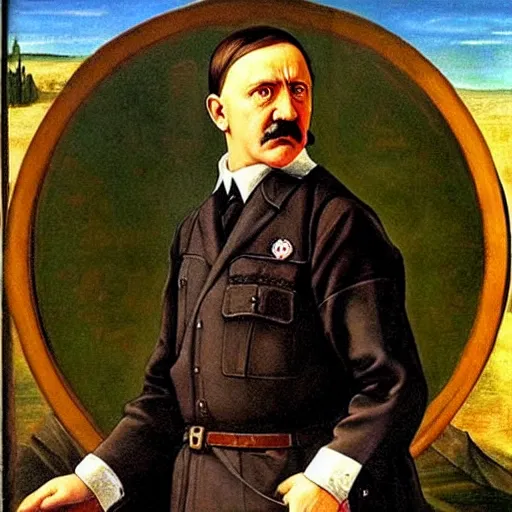 Image similar to ‘Portrait of Adolf Hitler in womens clothes, renaissance painting’