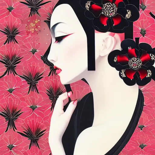 Image similar to detailed concept art painting art deco pattern black red flowers and diamonds by hsiao - ron cheng, bizarre compositions, exquisite detail