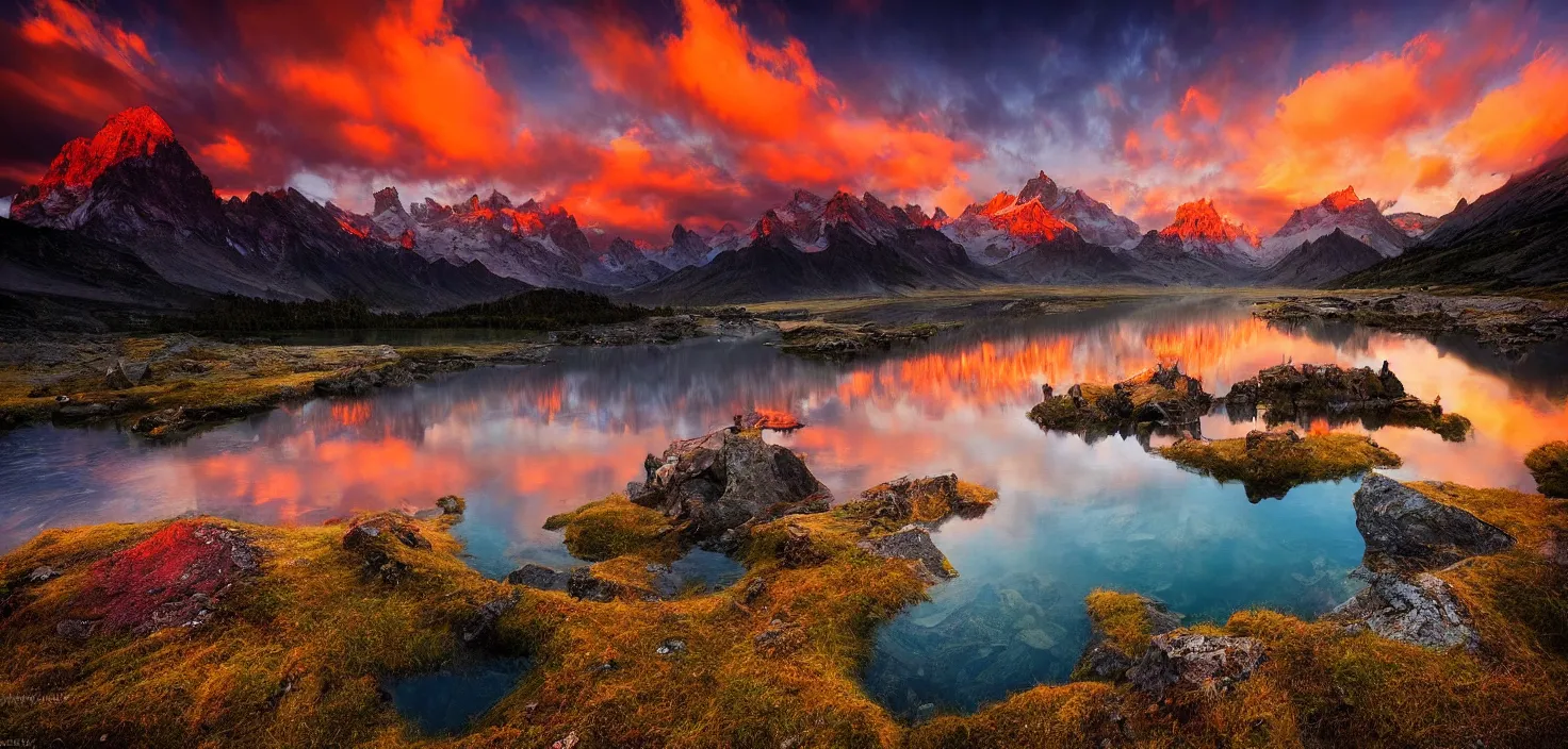 Image similar to amazing landscape photo of mountains with lake in sunset by marc adamus, beautiful dramatic lighting