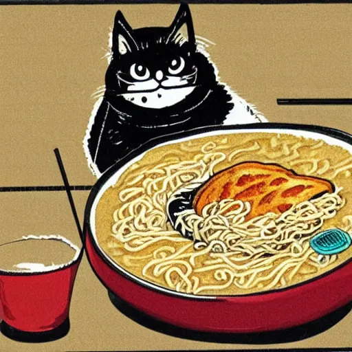 Image similar to fat cat eating ramen noodles on toast, japanese art