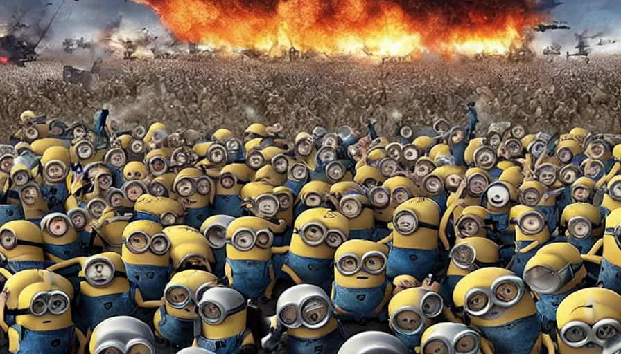 Image similar to millions of minions fighting the nazis during d - day, still from dreamworks movie