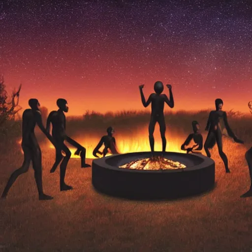 Prompt: an australopithecus tribe gathering, pointing to the stars, fire pit, ambient lighting, orange pallete, anatomically correct, beautiful starry skies, 4k photo,