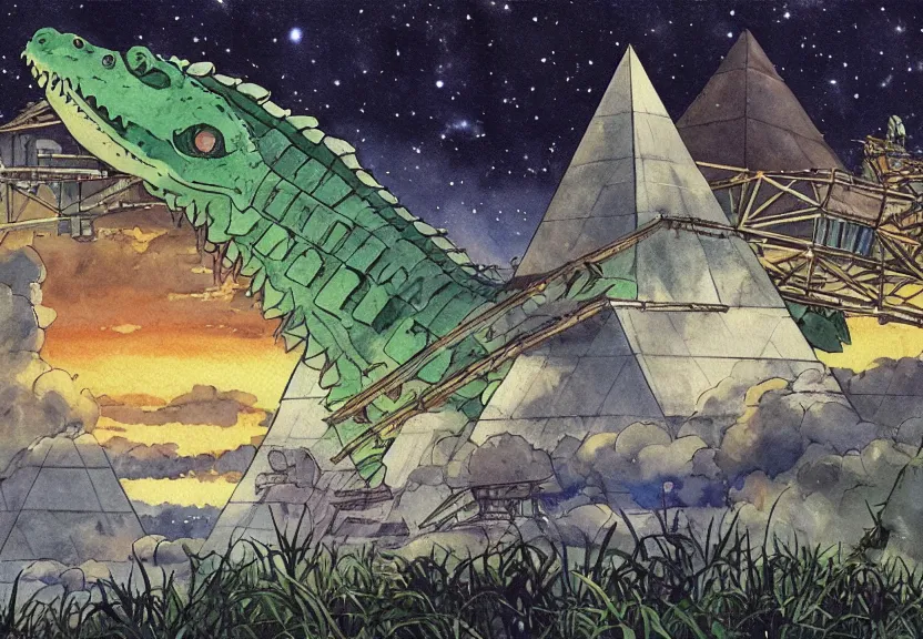 Image similar to a hyperrealist watercolor concept art from a studio ghibli film showing a giant mechanized crocodile from howl's moving castle ( 2 0 0 4 ). a pyramid is under construction in the background, in the rainforest on a misty and starry night. a ufo is in the sky. by studio ghibli