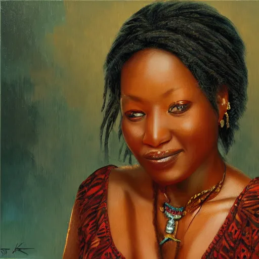 Image similar to portrait of a cameroonian woman ( 3 5 ) from cameroon, an oil painting by ross tran and thomas kincade