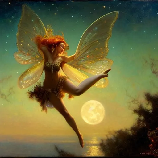 Image similar to attractive fairy magically floating high in the night, fantasy, full moon in background. highly detailed painting by gaston bussiere, craig mullins, j. c. leyendecker, sharp focus, 8 k