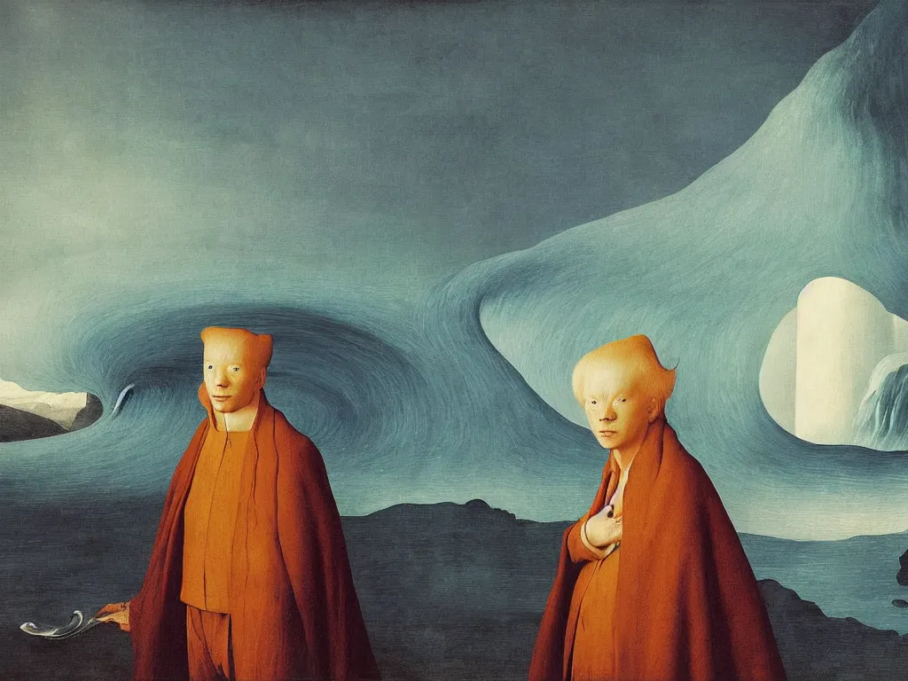 Prompt: Portrait of albino mystic with blue eyes, with landscape with tsunami, giant wave at night. Painting by Jan van Eyck, Audubon, Rene Magritte, Agnes Pelton, Max Ernst, Walton Ford