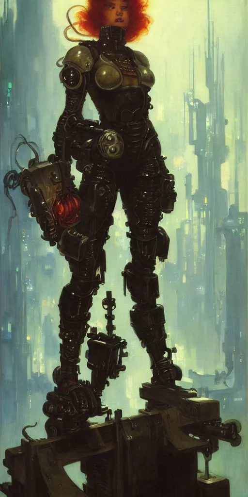 Image similar to full character portrait max mad cyberpunk warhammer 4 0 k, machinist tech girl character design, painting by gaston bussiere, katsuya terada, nc wyeth, greg rutkowski, craig mullins, vermeer, frank frazetta, mucha, tom of finland, trending on artstation, jeffery catherine jones