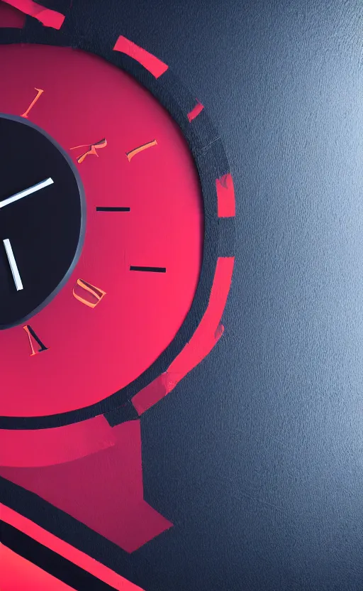 Image similar to a melting Roman numeral clock, behind a red and black gradient background, awith a black heart shaped on the top left corner and a black diamond card shape in the bottom right corner, dynamic lighting, photorealistic fantasy concept art, trending on art station, stunning visuals, cinematic, creative, ultra detailed