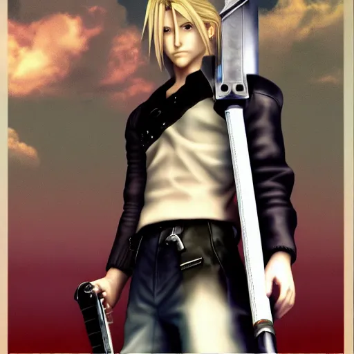 Image similar to Cloud Strife (1997) from Final Fantasy 7, GTA Cover Art, 4k 1080p,