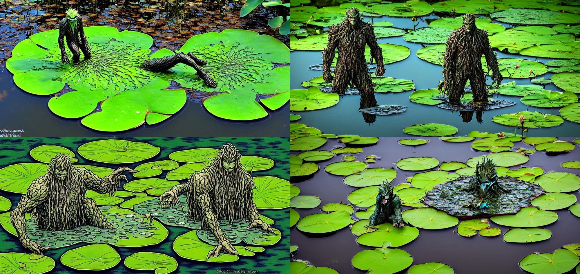 Prompt: Swamp thing on a lily pad in a pond