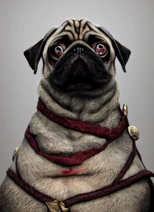 Image similar to An epic fantasy portrait of a pug president 3D render, unreal 5, DAZ, hyperrealistic, octane render, dynamic lighting