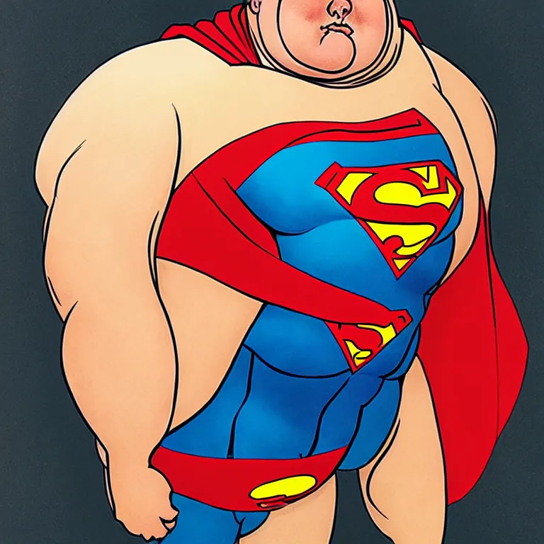 Image similar to Mordidly obese superman, style of Joshua Middleton comic book art Nick Dragotta comic art, symmetrical face, symmetrical eyes, depressed sad expression, painterly style