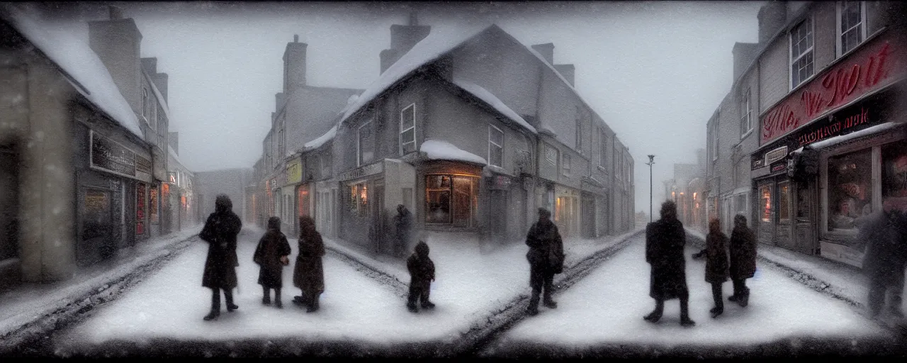 Prompt: a miniature diorama of street life in kirkwall orkney, by sarah moon and joel peter witkin, macro photography, grainy, snow, highly detailed, gloomy and foggy atmosphere, octane render, cinematic lighting tri - x, 8 k, hd