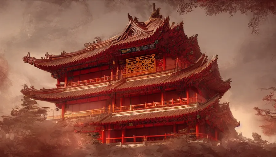 Prompt: enviroment concept art of chinese temple by jama jurabaev, cinematic shot, brush hard, artstation, for aaa game, high quality, brush stroke