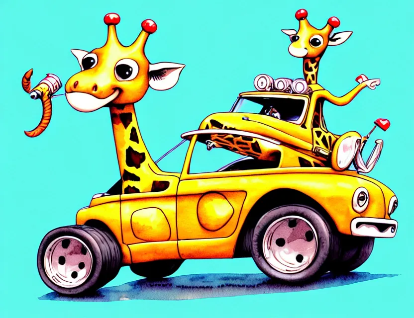 Prompt: cute and funny, giraffe riding in a tiny hot rod with oversized engine, ratfink style by ed roth, centered award winning watercolor pen illustration, isometric illustration by chihiro iwasaki, edited by range murata, tiny details by artgerm and watercolor girl, symmetrically isometrically centered