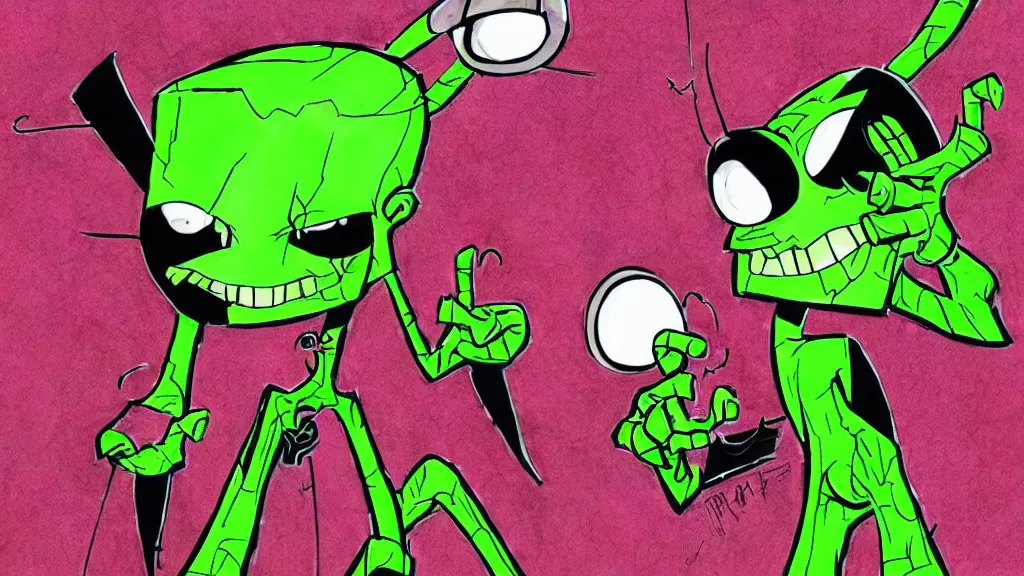 Image similar to Zim!!! from Invader Zim, in the style of artist Kim Jung Gi,