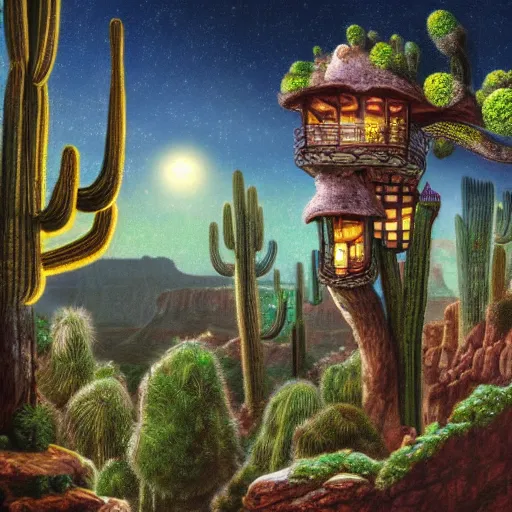 Image similar to fancy treehouse mansion built in a giant cactus on top of a cliff overlooking the grand canyon detailed 4k magical realism luminescent painting