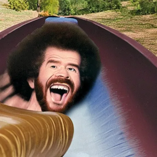 Image similar to bob ross sliding down a giant slide and screaming