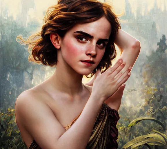 Image similar to photography of hairt armpits of emma watson with hands - up, deep focus, intricate, elegant, highly detailed, digital painting, artstation, concept art, matte, sharp focus, illustration, art by artgerm and greg rutkowski and alphonse mucha and gil elvgren