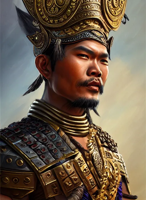 Image similar to smart tai warlord, closeup portrait, historical hero, ethnic group, khmer costume, khmer art bronze headdress, intricate, with leather armor cross on bare chest, elegant, loin cloth, highly detailed, oil painting, artstation, concept art, matte, sharp focus, illustration, hearthstone, art by earl norem