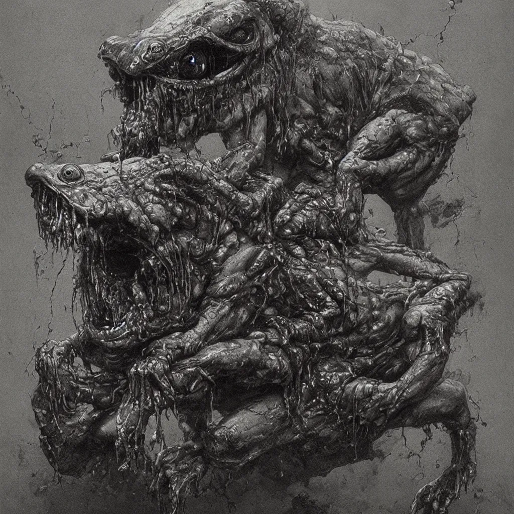 Image similar to horrifying bullfrog creature, fangs, necromorph, style of zdislaw beksinski