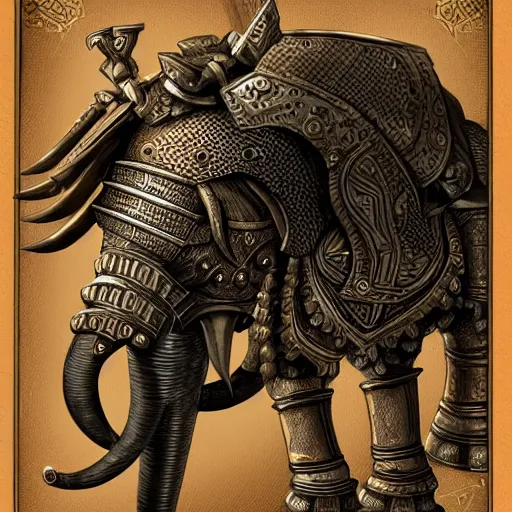 Image similar to elephantine armored knight mace, ornate, anthropomorphic humanoid, elephant head, dungeons and dragons manual illustration, al - qadim