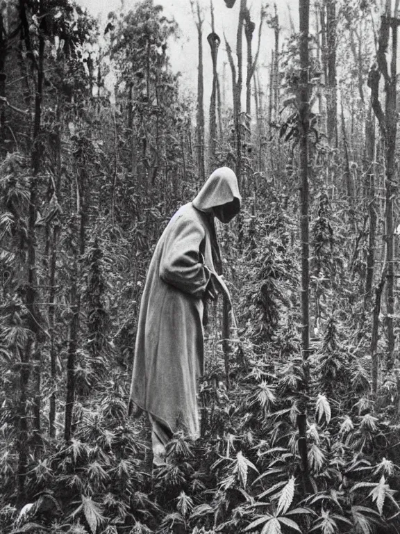 Prompt: grim reaper in cannabis forest, ww1 photo, grainy, high detail, high resolution,