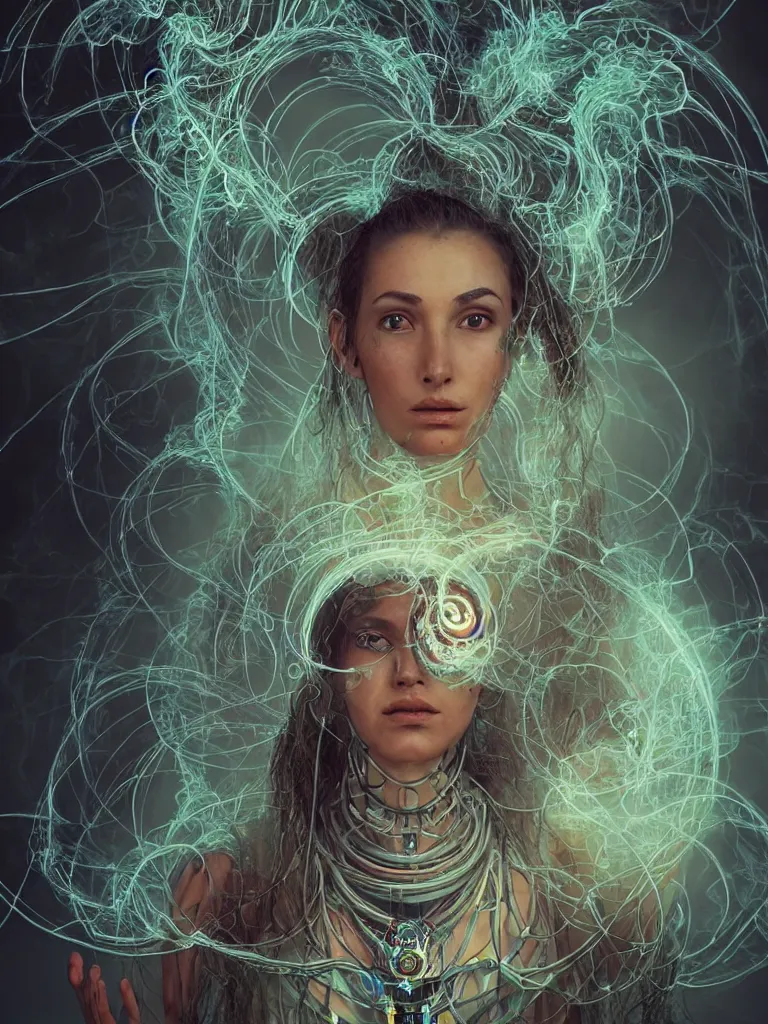 Image similar to an ancient mystical alluring female shaman generating flowing energy and surrounded by wisps of incense smoke meditating in a cybernetic robot temple , face face face