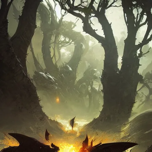 Image similar to black dragons dwell in the wilderness by sung choi, world tree, by greg rutkowski.