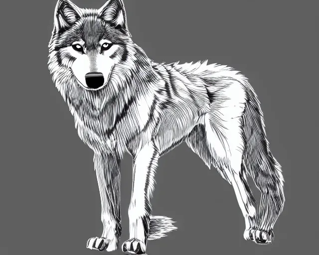 Image similar to professional digital art of a full-body outline of a wolf, very simple, all white with black lines, high quality, HD, 8K,