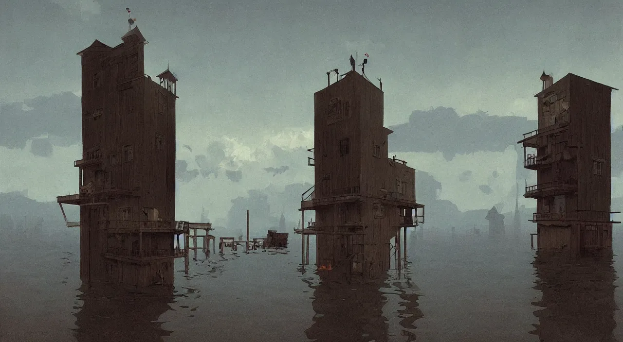 Prompt: single flooded simple wooden tower, very coherent and colorful high contrast!! masterpiece by rene magritte simon stalenhag carl spitzweg syd mead norman rockwell edward hopper james gilleard, surrealism!, minimalist, dark shadows, sunny day, hard lighting