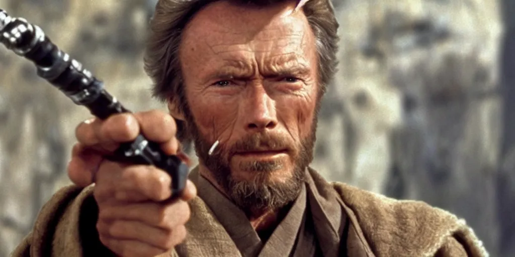 Image similar to Still of Clint Eastwood as jedi master Obiwan kenobi!!!!. in Star Wars (1977). detailed eyes. medium shot, technicolor. light saber