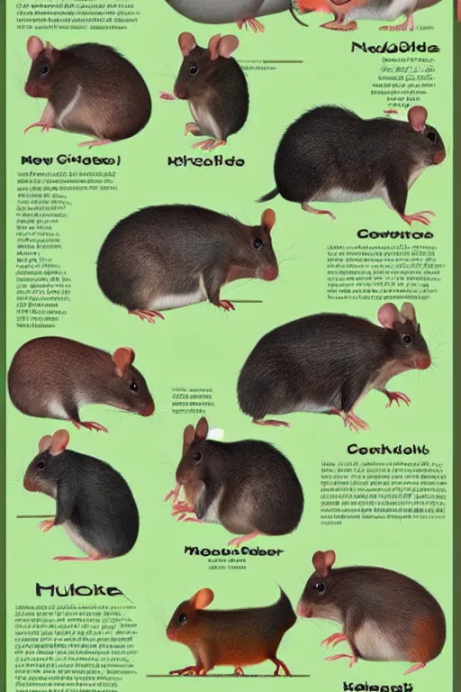 Image similar to breeds of rodents, infographic of new species of large rodent that come in new colors for pet owners, rodent morphs, rodent races, comparisons of different rodents, detailed scientific illustration