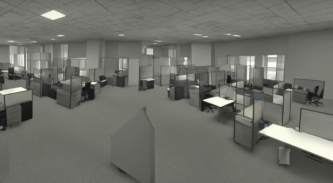 Image similar to An office at 3AM with multiple cubicles and a window that provides a view of the city, Source Engine, Gmod, Half Life 2