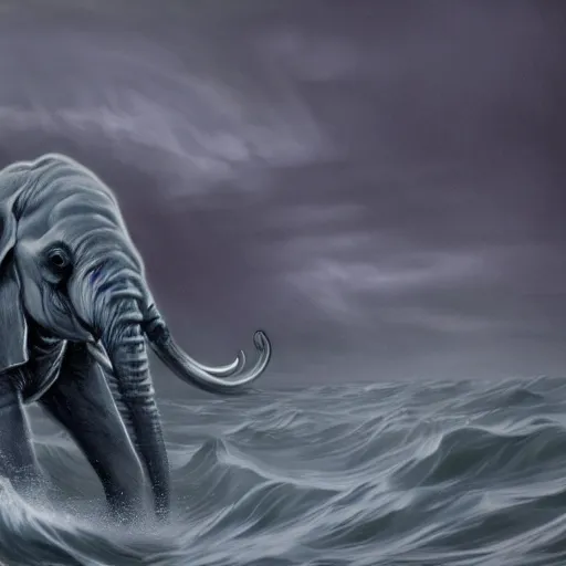 Prompt: angry elephant cthulu with eyes and tentacles at sea storm hyperrealistic