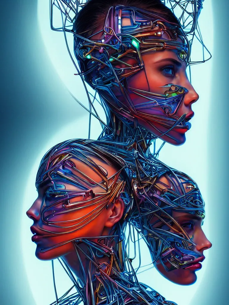 Prompt: Portrait of Adriana Lima wearing epic bionic cyborg implants of diferent colors, cables connected to head, by Dan Mumford and Naoto Hattori, extremely beautiful and proportionate face, in the aesthetic of mert and marcus, masterpiece, intricate, elegant futuristic wardrobe, highly detailed, digital painting, artstation, concept art, crepuscular rays, smooth, sharp focus, illustration, background is made of stars and space nebula, cyberpunk vibrant colors, volumetric lighting, art by artgerm and james jean and Nick Sullo