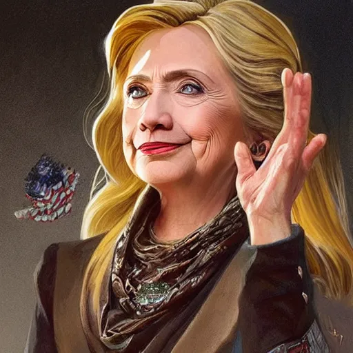 Image similar to Hillary Clinton holding up italian hands, as a fantasy magic woman portrait, sci-fi, amber eyes, face, long hair, fantasy, intricate, elegant, highly detailed, digital painting, artstation, concept art, smooth, sharp focus, illustration, art by artgerm and greg rutkowski and alphonse mucha