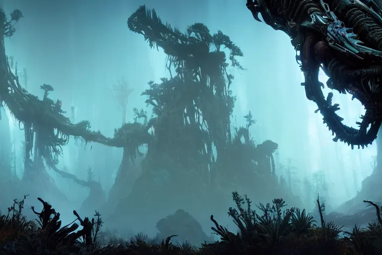 Image similar to wide epic shot from horizon forbidden west. a hyper detailed organic mechanic creatuve realistic similar look as horizon forbidden west horizon zero dawn, bioluminiscence in a dark deep forest at dawn in spring, with reflection and textures, by kilian eng, substance painter reaslitic mech surface metal painted scratches, world env from horizon forbidden west horizon zero dawn